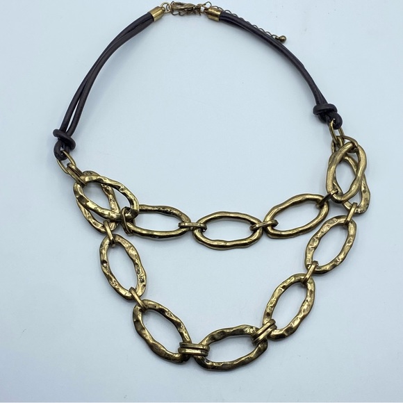Brown Leather Cord Necklace Hammered Antiqued Gold Tone Chain Link Double Strand - Picture 2 of 5